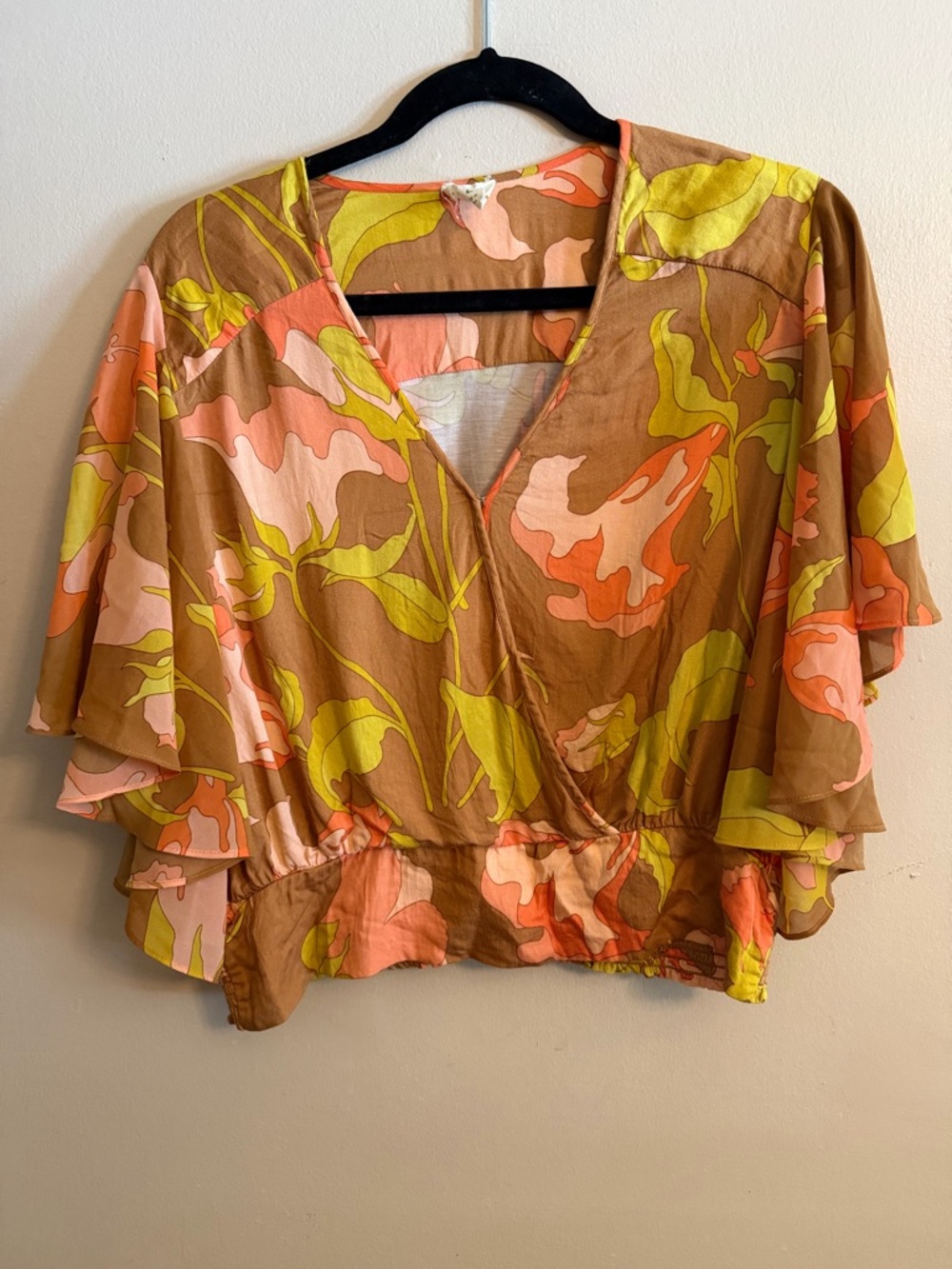 Flutter-Sleeve Floral Wrap Blouse in Brown and Coral